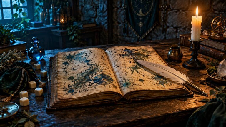Grimoire ouvert, plume d'oie, encrier et chandelle sur un bureau en bois sombre
