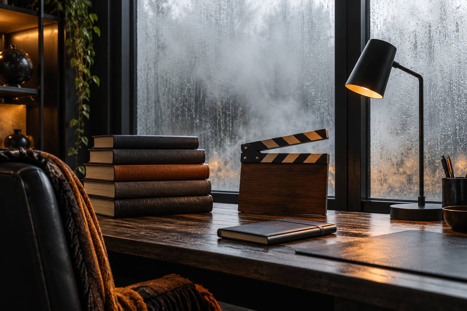 Pile de livres de fantasy et clap de tournage sur un bureau