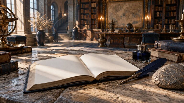 Livre ouvert aux pages vierges, plume, encrier et pierre gravée de motifs abstraits