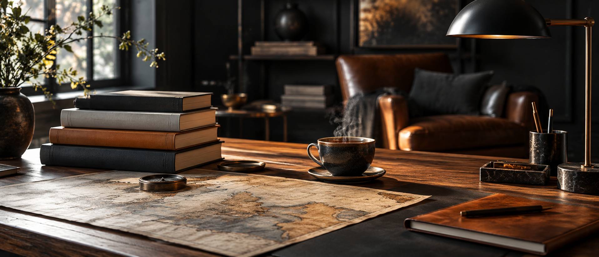Pile de livres aux dos unis sur un bureau de lecture avec tasse de thé et lampe