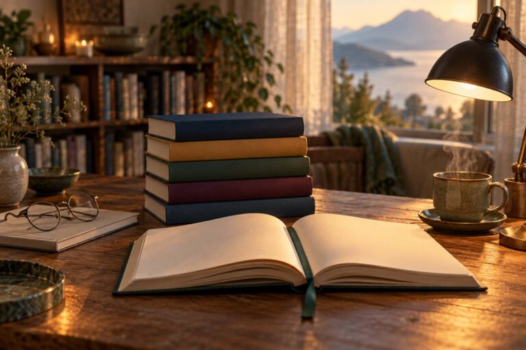 Pile de livres aux couvertures unies, un livre ouvert aux pages vierges et une lampe de lecture