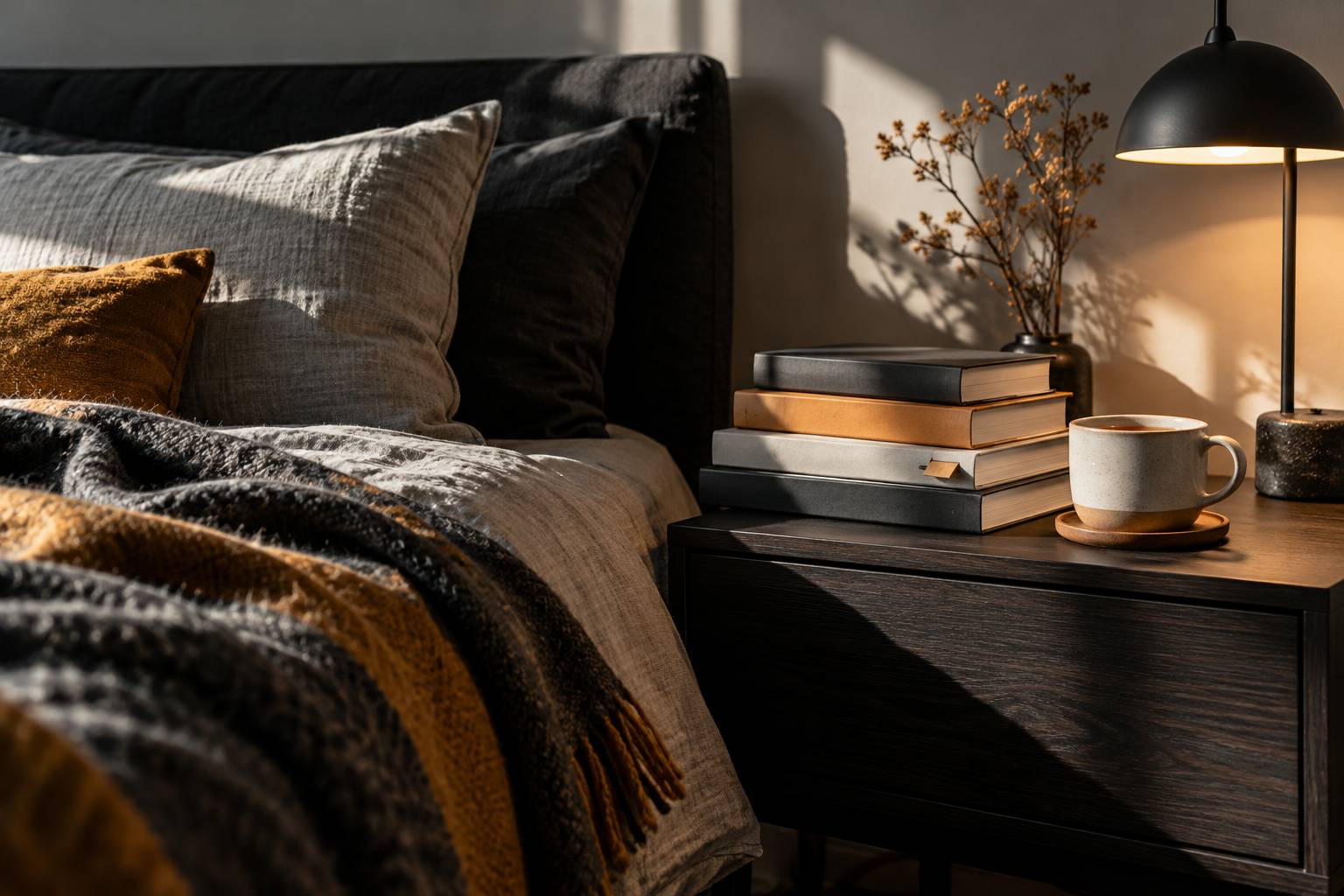 Pile de romans aux dos unis avec marque-page, tasse de thé et plaid