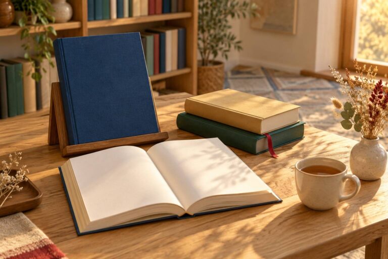 Livre relié ouvert sur un chevalet de bois, tasse et lumière dorée