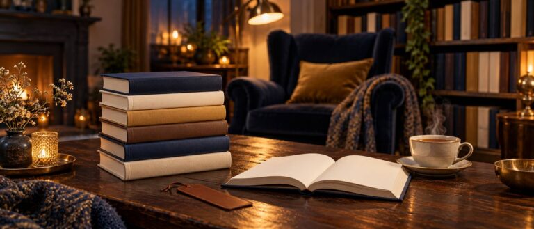 Pile de livres à couvertures de toile unie sur une table basse, fauteuil en arrière-plan