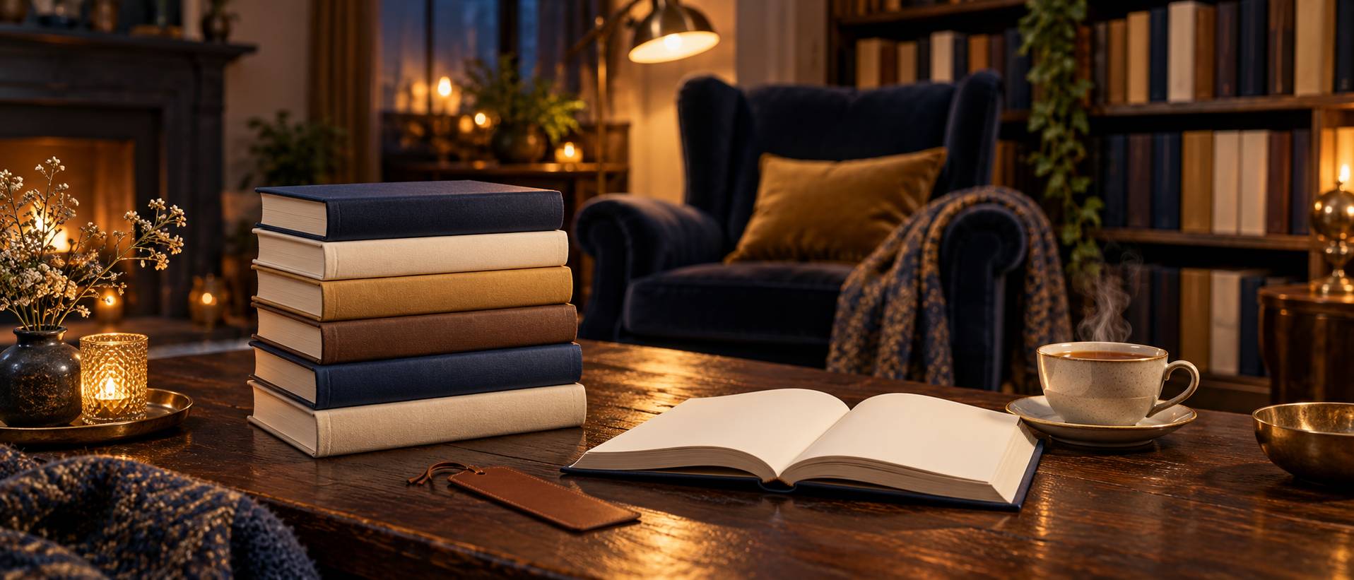 Pile de livres à couvertures de toile unie sur une table basse, fauteuil en arrière-plan